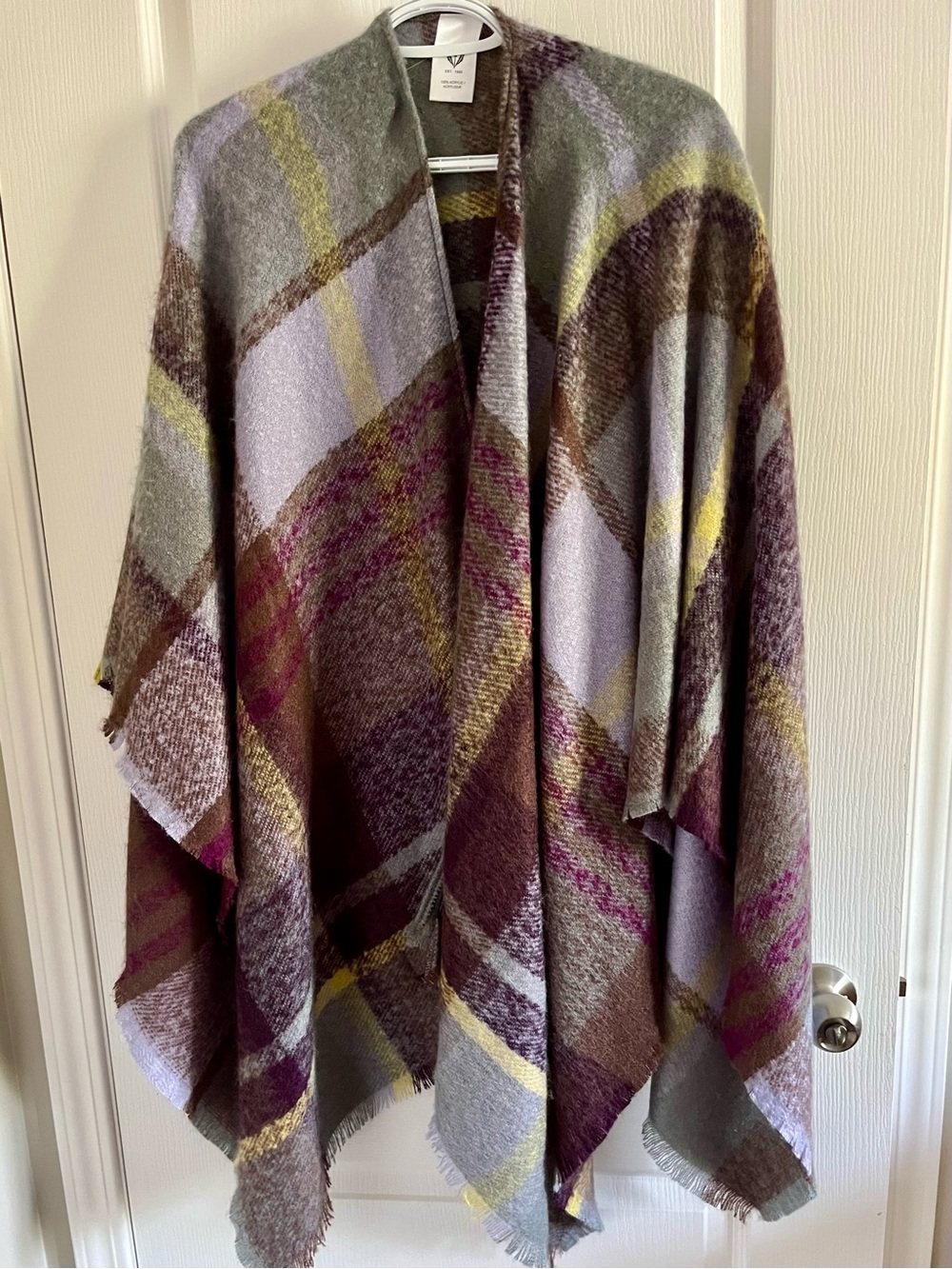 NWT- FRAAS Lavender, Brown & Yellow Plaid Open-Front Wrap Poncho/Shawl O/S